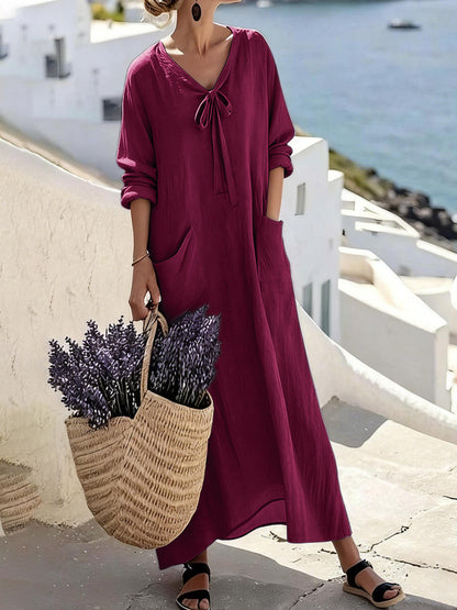 Womens Casual V-Neck Long-Sleeve Loose Cotton-Linen Solid-Color Dress