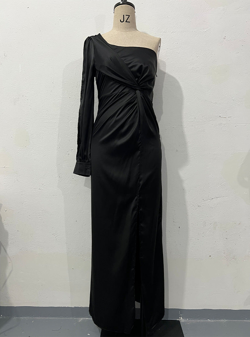 Women's One-shoulder Split Dress Ins Fashion Long-sleeved Slim Long Dresses Party Evening Clothing