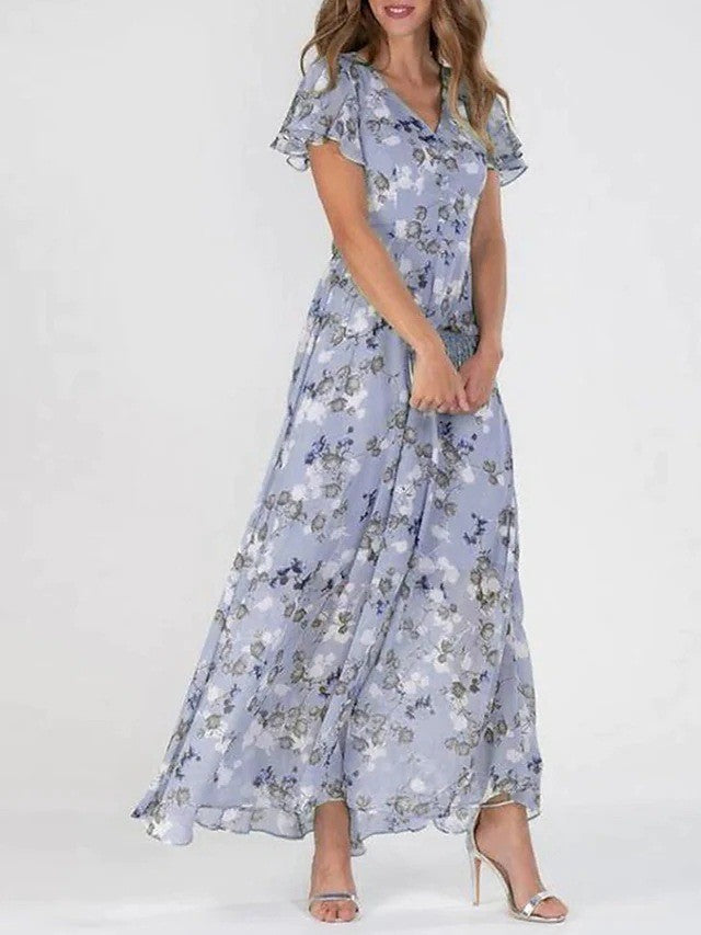 Flowers Print Short Sleeve Dress Summer Fashion Ruffle Beach Dresses Women's Clothing