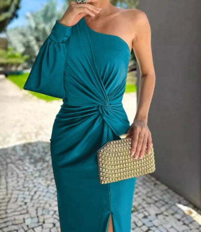 Women's Diagonal Shoulder Knot Split Solid Color Slim Fit Dress
