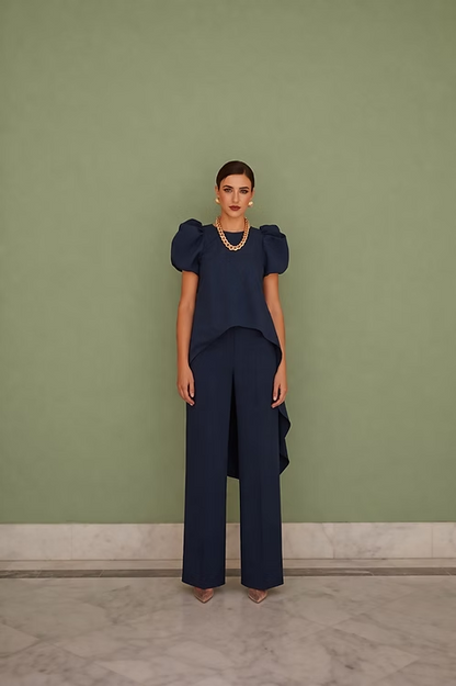 Navy Blue Puff Sleeve High-Low Top and Wide Leg Pants Two-Piece Set