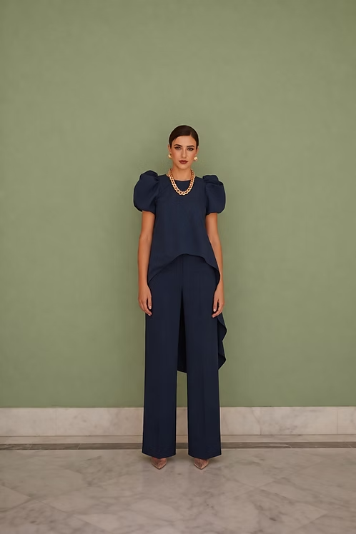 Navy Blue Puff Sleeve High-Low Top and Wide Leg Pants Two-Piece Set