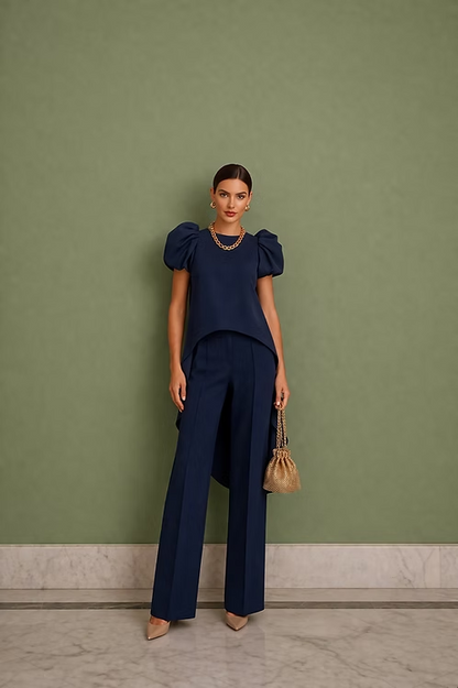 Navy Blue Puff Sleeve High-Low Top and Wide Leg Pants Two-Piece Set