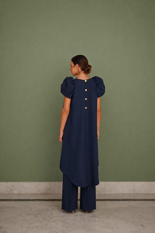 Navy Blue Puff Sleeve High-Low Top and Wide Leg Pants Two-Piece Set