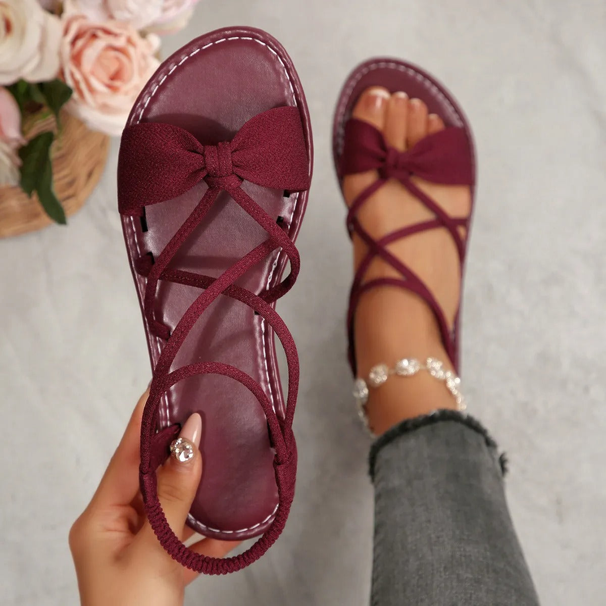 Knot-Front Elastic Ankle Sandals – Easy Slip-On with Arch Support