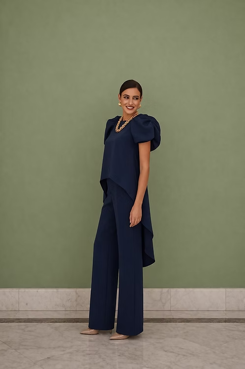 Navy Blue Puff Sleeve High-Low Top and Wide Leg Pants Two-Piece Set