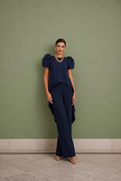 Navy Blue Puff Sleeve High-Low Top and Wide Leg Pants Two-Piece Set