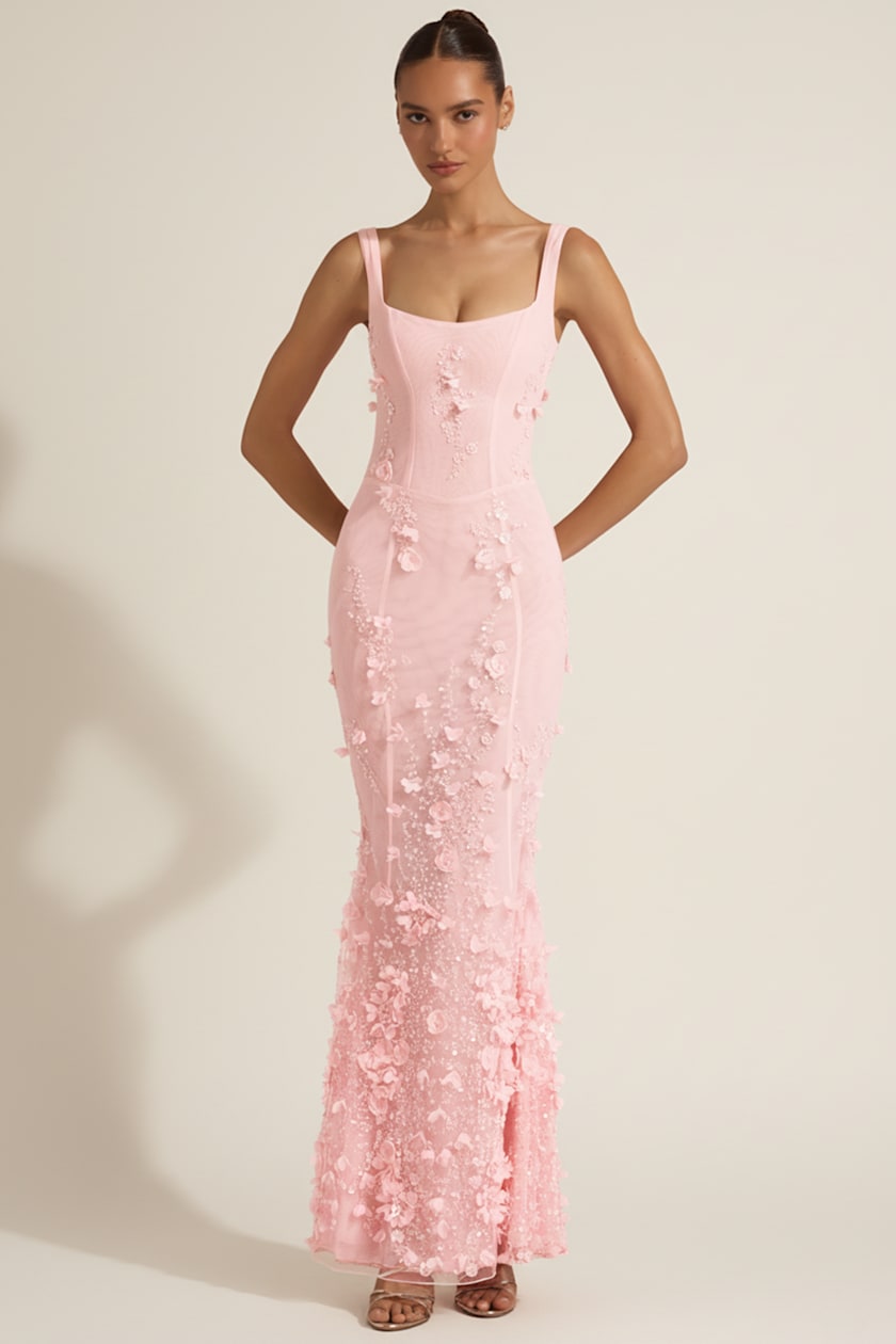 Embellished Appliqué Soft-Scoop Corset Gown