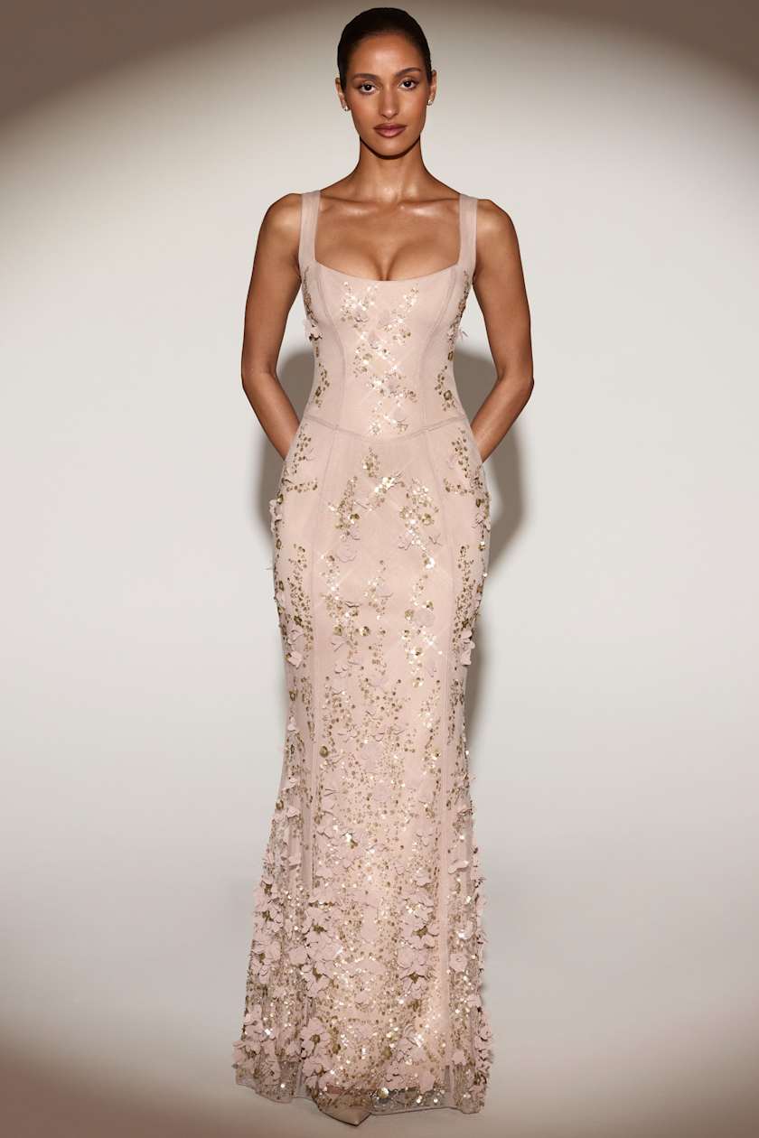 Embellished Appliqué Soft-Scoop Corset Gown